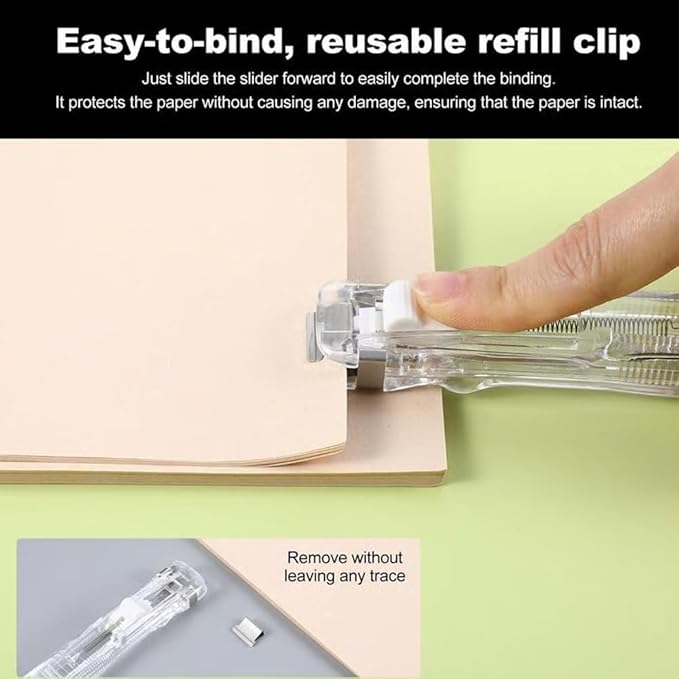 2PCS Portable Binder Clip Stapler - Damage-Free Paper Binding, No Holes, Include 116 Reusable Clips, Push Clip Binding, One-Handed, Easy Operation (2pc+100 Clips)