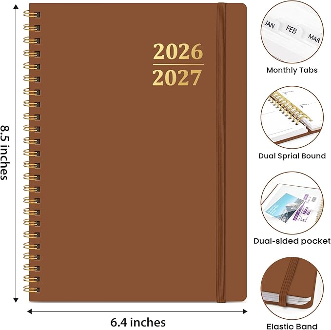 Academic Planner 2026-2027, Weekly and Monthly Calendar Planner Book, July 2026 – June 2027, Hardcover Organizer with Tabs, Perfect for Teachers, Students, Women & Men, A5 (6.4" x 8.5") - Brown