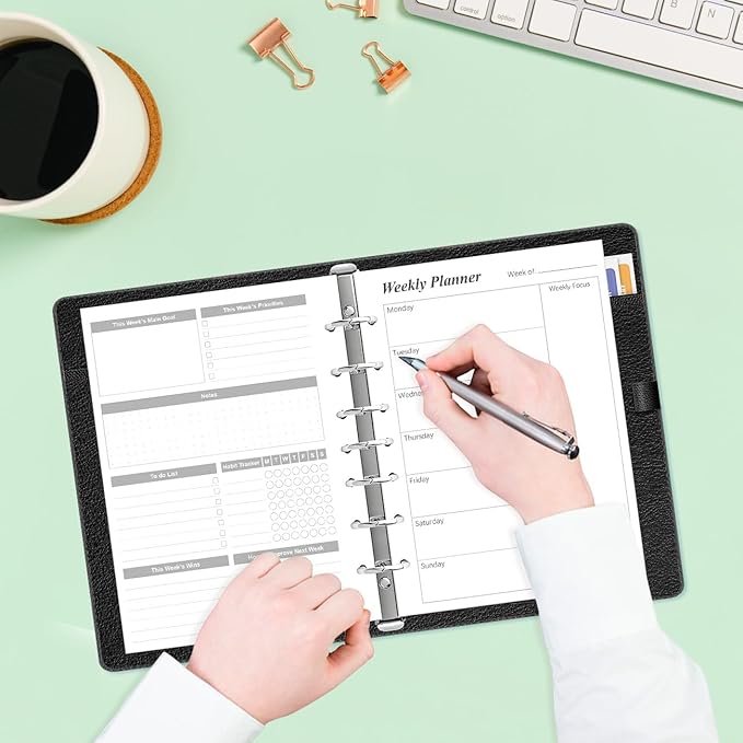 Weekly Planner Refills for 3 or 7 Ring Mini Binders - 53 Sheets/106 Pages Undated Weekly Planner, 100 gsm White Paper, Lasts 1 Year, Undated, 5.8" x 8.3", Black
