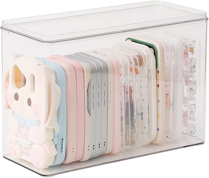 FABROK Large Cell Phone Case Organizer, Clear Storage Bin with Lid for Phone Basic Cases and Electronics Accessories, Plastic Basket Container for Home Office Desk, Kitchen Cabinet and Pantry