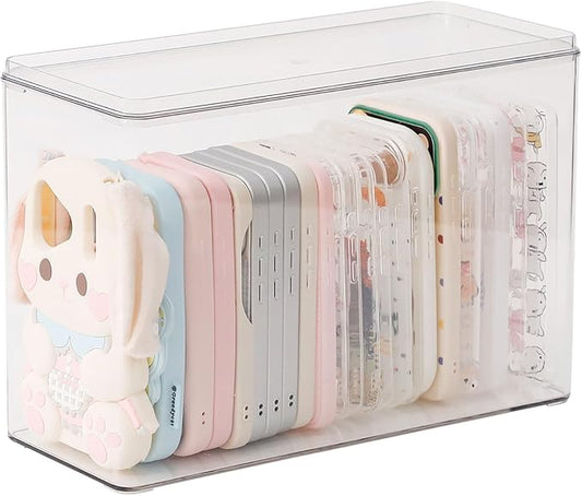 FABROK Large Cell Phone Case Organizer, Clear Storage Bin with Lid for Phone Basic Cases and Electronics Accessories, Plastic Basket Container for Home Office Desk, Kitchen Cabinet and Pantry
