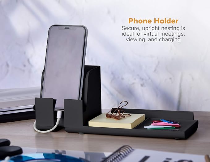 Bostitch Office Konnect Desk Organizer and Charging Station, 2 USB Ports & 2 Plugs, Charges Phones & Tablets, Accessory Tray, 4-Piece Design, Black