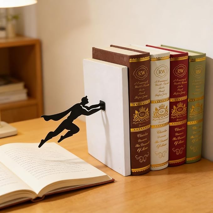 Superhero Decorative Bookends for Shelves, Metal Book Ends for Heavy Books, Non Slip Book Stoppers with Flying Hero Design, Decorative Shelf Book Holders for Home Office Kids Room Library Decor(Black)