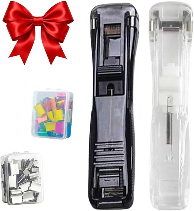 Portable Binder Clip Stapler Mini-Includes 58 Reusable Clips, Reusable Desktop Stapler with Clip Dispenser，Mini Push Stapler Clamp Staplers for Desktop Document Home School Desk (2PCS A)