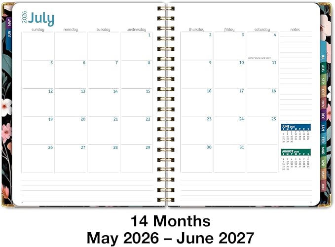 HARDCOVER Academic Year 2026-2027 Planner: 14 Months (May 2026 Through June 2027) 8.5"x 11" Daily Weekly Monthly Planner Yearly Agenda. Bookmark, Pocket Folder and Sticky Note Set (Black Floral Pink)