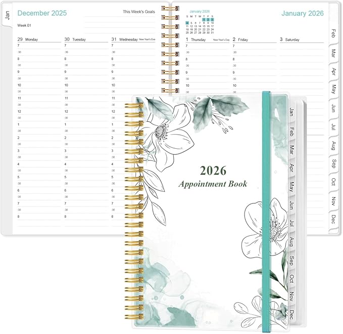 2026 Appointment Book & Planner - Hourly Planner from January 2026 -December 2026, Weekly Appointment Book 2026 with 30-Minute Interval, 6.4" x 8.5", Teal Floral