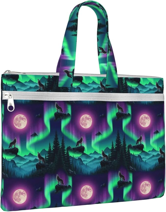 Lightweight Canvas Document Tote Bag Cool Wolf Howling Moon, Waterproof Zipper File Pouch with Handle for Office Travel Use