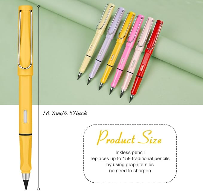 Ainiv Inkless Pencil Forever Pencil, 6 Sets Infinity Pencil Everlasting Pencil with Eraser, Reusable Infinite Pencil with Extra 6 Replaceable Nibs, Endless Pencil for Home Office School Supplies