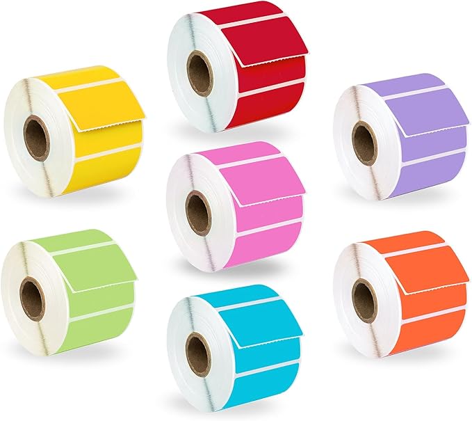 HOUSELABELS 2.25" x 1.25" Red, Blue, Yellow, Green, Orange, Lavender, Pink Address Labels on 1" Core Compatible with Zebra and Rollo Printers, 7 Rolls / 1,000 Labels per Roll