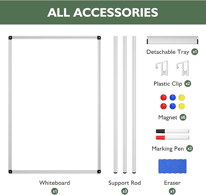 Magnetic Whiteboard Easel Stand, Dry Erase 36 x 24 White Board with Height Adjustable Tripod Stand, 3' x 2' Flipchart Easel Stand Presentation Board, 6 Magnets, 1 Eraser, 2 Pens