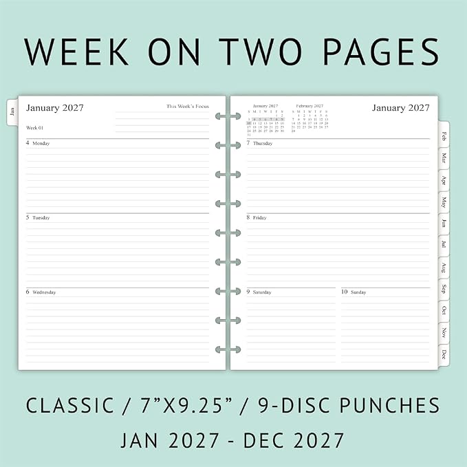 2027 Weekly Planner Refills for Happy Planner Classic Notebook - 9 Discs Punched, Two Pages Per Week, Jan 2027 to Dec 2027, 7" x 9-1/4"