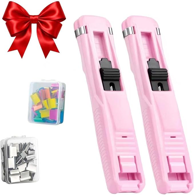 Portable Binder Clip Stapler Mini-Includes 58 Reusable Clips, Reusable Desktop Stapler with Clip Dispenser，Mini Push Stapler Clamp Staplers for Desktop Document Home School Desk (2PCS G)
