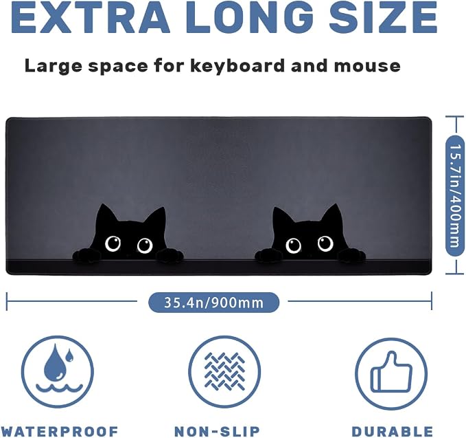 Kawaii Black Cats Desk Mat 35.4 x 15.7 Inches Minimal Black Cat.jpg Gaming Mouse Pad with Non-Slip Rubber Base, Smooth Cloth Surface Desk Keyboard Mat for Computer, PC, Laptop, Desktop