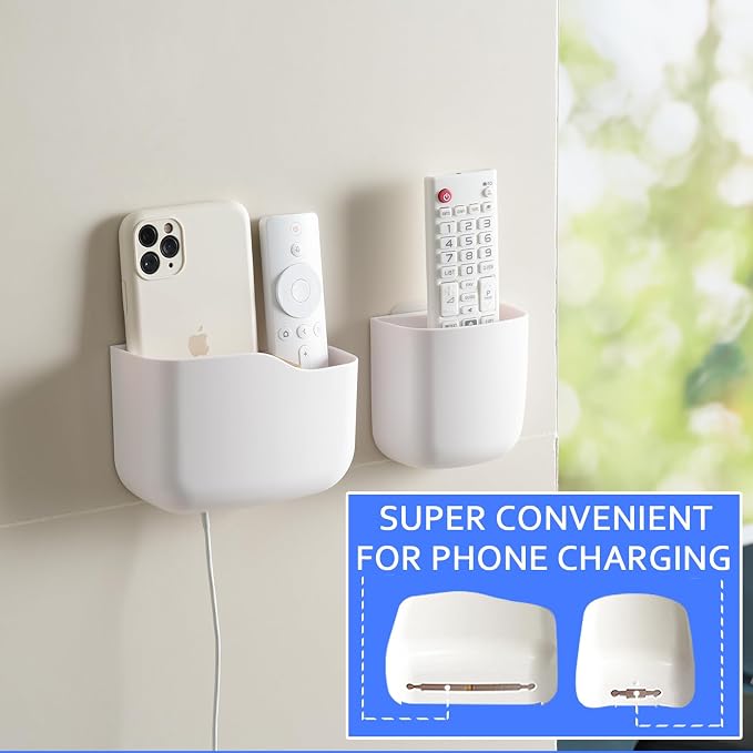 SUNFICON Wall Mount Remote Holder TV FAN Remote Control Holder Bedside Caddy Wall Organizer Phone Holder for Office Adhesive Media Player Controller Holder Box Tray Home Desk Nightstand White 6PACK