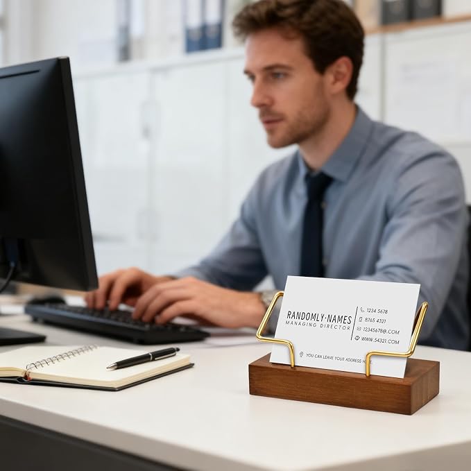 2 Pack Wood Business Card Holder for Desk, Wooden Business Name Card Display Stand Postcard Holder for Office Home Desktop,Desk Accessory Business Name Card Organizer(Walnut Color, Golden)
