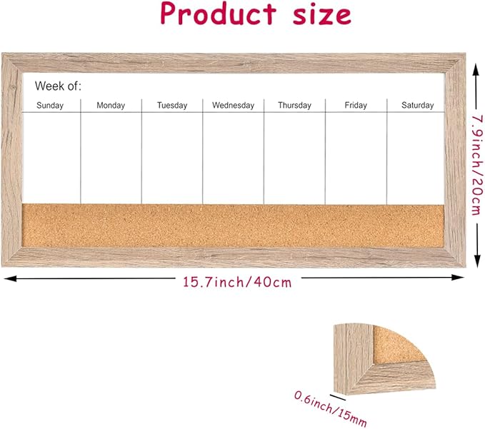 Magnetic Weekly Dry Erase White Board and Cork Board,Rustic Brown Wood Frame，Magnetic Surface Whiteboard for Home Office and Wall Decor(ZHZL-2040QZ)