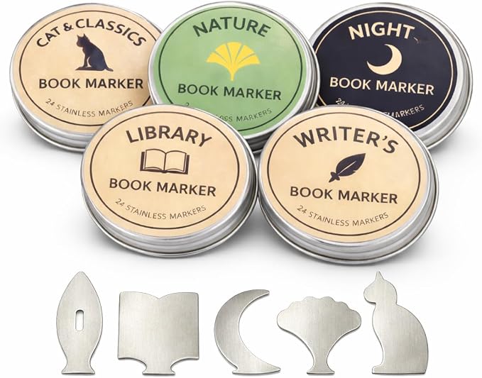 Metal Page Markers Set, 120 Stainless Steel Bookmark Clips in 5 Literary Shapes, Reusable Reading Gifts for Book Lovers, Teachers & Readers