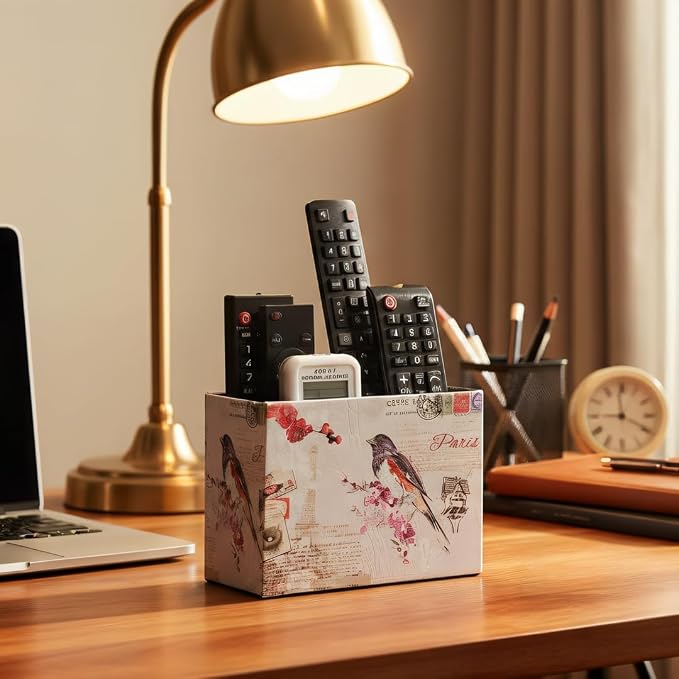 Decorative Remote Control Holder, Leather TV Remoter Caddy Storage Box Desktop Organizer Makeup Brush Pen Holder Storage Fits TV Remotes, Media Controllers, Office Supplies (Paris Bird Design)