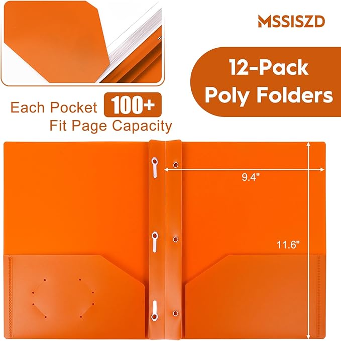 6-Pack Plastic Folders with Pockets and Prongs,2-Pocket Folders with 3 Fasteners, Holds 8-1/2" x 11" Paper for School/Office/Home, Assorted