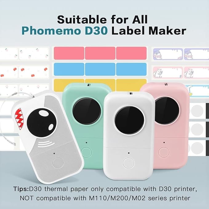 Phomemo D30 3 Roll Adhesive Cute Animals Pattern Label Paper 0.55" X 1.57" (14mm X 40mm) for Labeling Kid Items, for School, Organization, 160 Labels for Each Roll