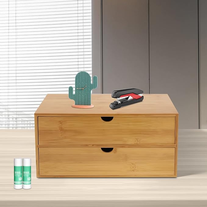 Bamboo Desk Organizer, Drawer Tabletop Storage Organization Box for Office Home Toiletries Supplies, No Assembly Required (2 Drawer)
