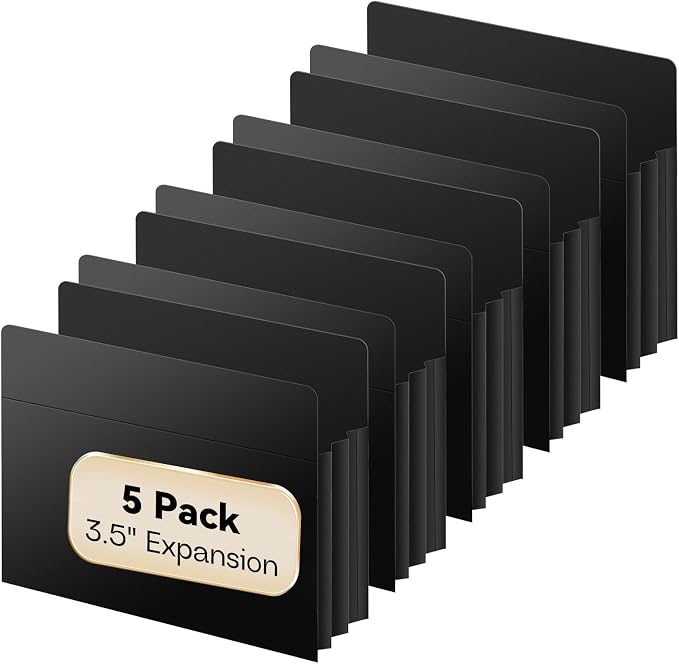 Plastic Expanding File Pockets Extra Capacity,5 Pack File Pockets Letter Size, Heavy Duty 3.5 Inch Expansion,Straight-Cut Tab,Accordion File Jacket for Bulky Files,Black