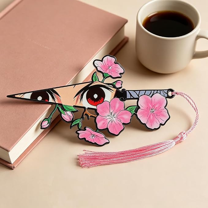 4-Piece Demon Slayer Metal Bookmark Set, Tanjiro Nezuko Zenitsu Hashira Themed Sword Book Marks with Cherry Blossom & Tassel, Cool Anime Eye Bookmarks Gift for Anime Fans, Book Lovers(4pc)
