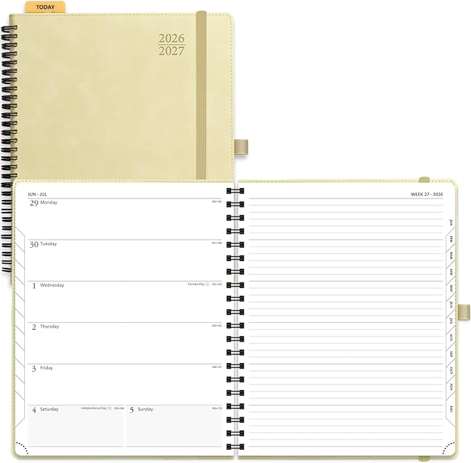 POPRUN Weekly Planner 2026-2027 (July 26-June 27), Large-8.5" x 10.5", Academic Agenda 2026-2027 Calendar Notebook Planner for School, College, Spiral Leather Softcover, 100GSM - Beige