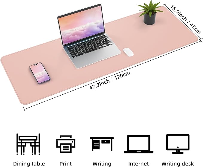 AFIING Large Desk Mat 47.2" x 17.5", Leather Desk Pad Protector with Natural Cork & PU Leather, Non-Slip Office Desk Mat, Double-Sided Mouse Pad, Waterproof Large Desk Pad for Office and Home (Pink)
