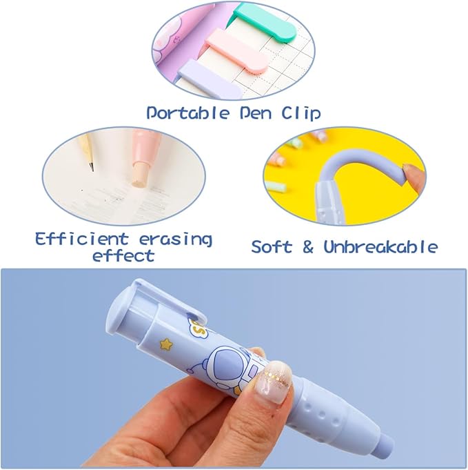 Cute Pencil Erasers, Kids Retractable Erasers with Refills, Standard Pen-Style Erasers, Fun Click Erasers, Kawaii Japanese Stationery Supplies (Blue)