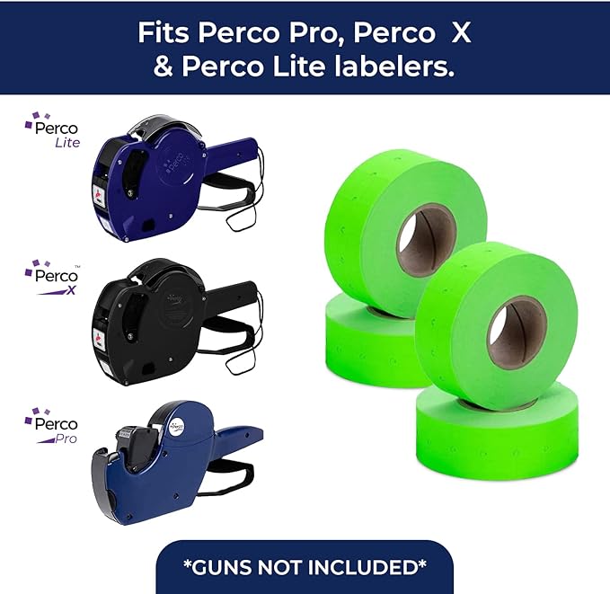 Perco 1 Line Fluorescent Green Labels - 1 Sleeve, 8,000 Blank Pricing Labels Bundled w Perco Sale Labels for Perco 1 Line Labeler Gun, Fluorescent Red - 1 Sleeve, 8,000 Labels