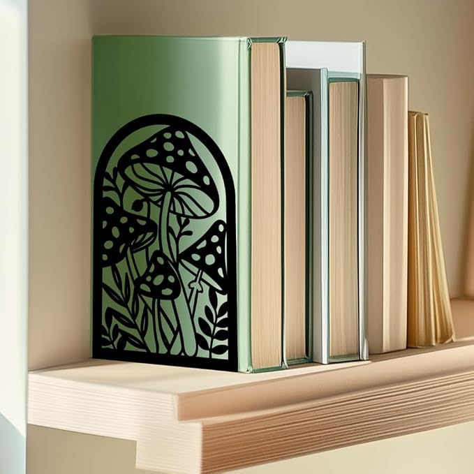 Mushroom Book Ends Design, Metal Bookends for Decorative Books, Heavy Duty Bookends for Shelves, 3.5"x4.7"x7.1" Book Stopper for Home Office School Bookshelf Decor