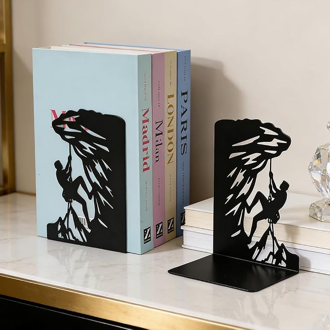 Book Ends, Bookends, Book Ends for Shelves, 2Pair Non Skid Metal Book Divider Decorative Holder, Abstract Art Desgin Book Stopper Supports for Office, Home (Rock Climbing)