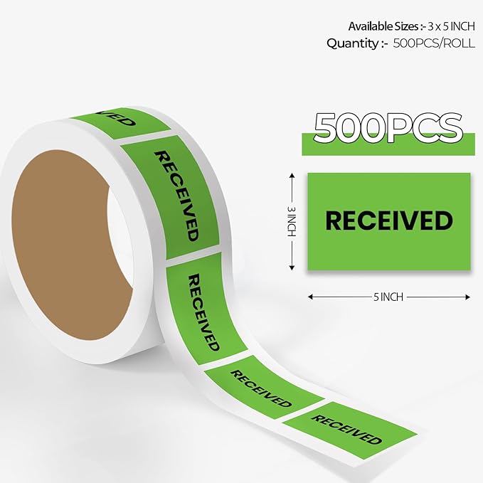 StickerJet Received – Warehouse Receiving Labels – 3"x5" Rectangle Labels – 500 Qty/Roll – Paper, Easy Peel and Stick, Strong Adhesive, No Residue, Made in USA