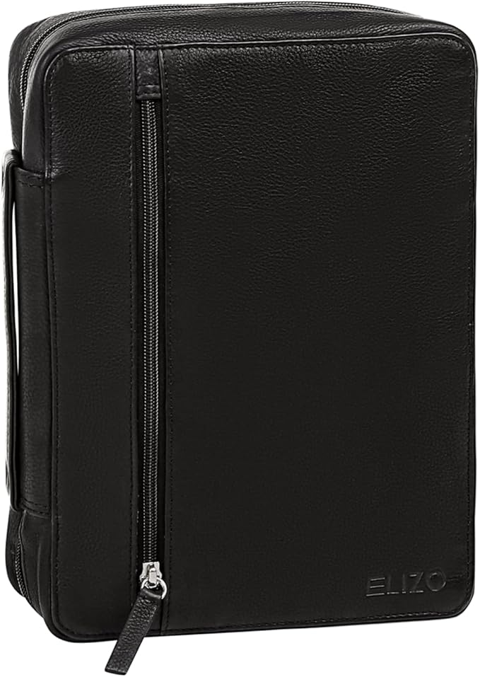 ELIZO Leather Bible Cover for Men Bible Case for Women Zippered Holder Protector Cross Church Tote Bag Carrying Organizer Sleeve Gift Onyx
