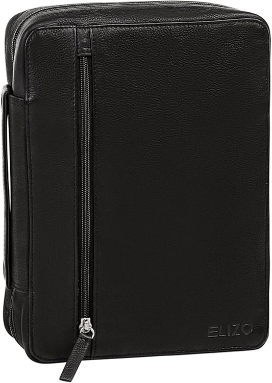 ELIZO Leather Bible Cover for Men Bible Case for Women Zippered Holder Protector Cross Church Tote Bag Carrying Organizer Sleeve Gift Onyx