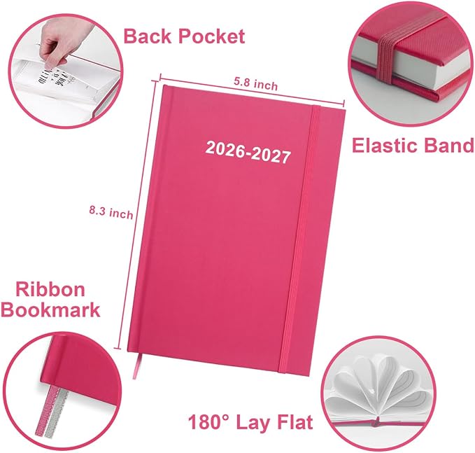 2026-2027 Planner - Weekly & Monthly Planner from July 2026 to June 2027, 5.8'' × 8.3'' Agenda 2026-2027 with Inner Pocket, Elastic Band, Hard Cover, Perfect Daily Organizer, Pink