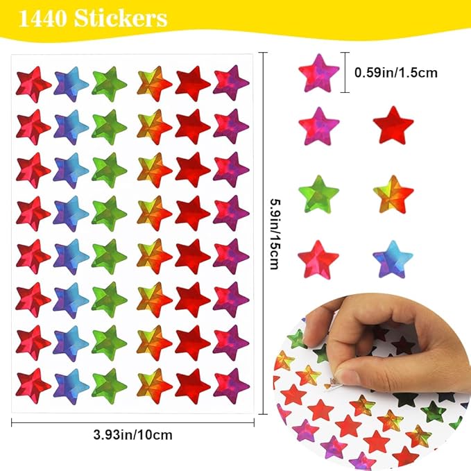 1440 Pcs Holographic Glitter Foil Rainbow Stars, 0.6" Small Stickers for Kids Reward, Behavior Chart, Student Planner, School Classroom, Teacher Supplies, DIY Decorations