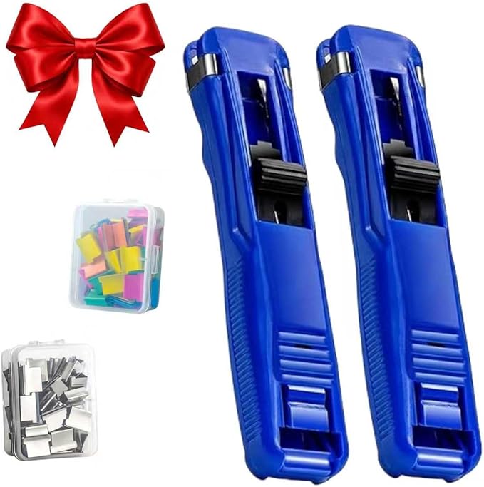 Portable Binder Clip Stapler Mini-Includes 58 Reusable Clips, Reusable Desktop Stapler with Clip Dispenser，Mini Push Stapler Clamp Staplers for Desktop Document Home School Desk (2PCS D)