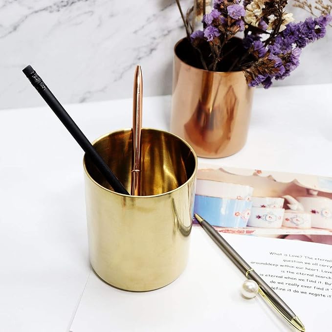 MultiBey Gold Pencil Holder Cup, Luxury Pen Holder Metal Organizer Small Vase, Desk Accessory for Office Home