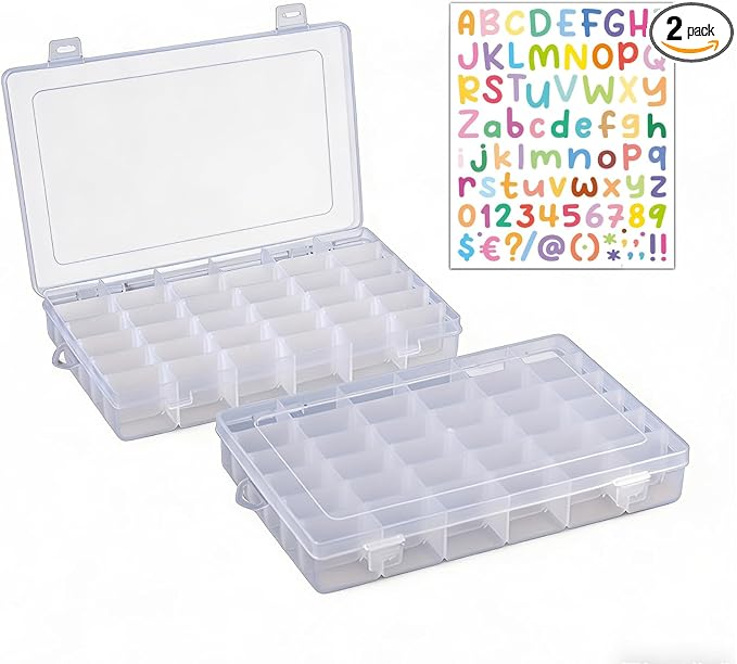 2 Pack 36 Grid Plastic Organizer Container Box, Letter Storage Organizer with Adjustable Dividers for Letter Board, Alphabetical File Organizer for Junk Journal and Scrapbooking, 10.8″ * 7″ * 1.77"