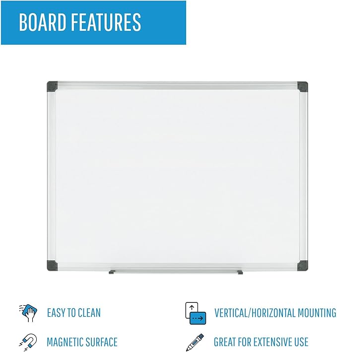 MasterVision Maya Series Magnetic Dry Erase Board, Porcelain Whiteboard, Snap-On Marker Tray, Wall Mounting Kit, 24" x 36", Aluminum Frame
