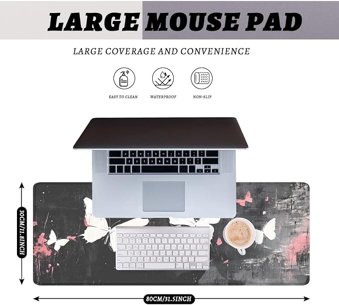 Gothic Aesthetic Gaming Mouse Pad Desk Pad White Butterfly Street Art XL Mousepad Large Mousepad Extended Laptop Keyboard Mat Gaming Desk Pad Office Computer Keyboard Laptop Home 31.5"x11.8"