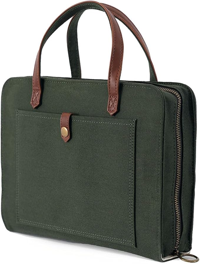Bible Cover for Women Canvas Case with Leather Handles, Purse Style Bible Bag with Zippered Closure and Snap Pocket (Green/Cream, Medium and Large Bibles)
