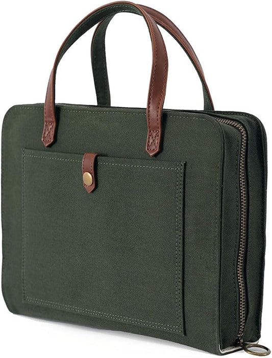 Bible Cover for Women Canvas Case with Leather Handles, Purse Style Bible Bag with Zippered Closure and Snap Pocket (Green/Cream, Medium and Large Bibles)