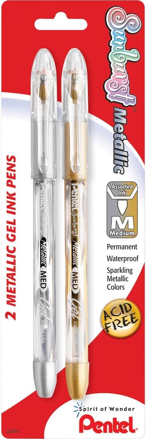 Pentel Sunburst Metallic Gel Pen, Medium Line, Permanent Gold and Silver Ink, 2 Pack (K908MBP2XZ)