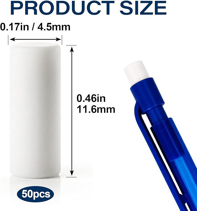 OIIKI 50pcs Mechanical Pencil Eraser Refills, Universal Twist Erase Eraser Refills Traceless Replacement, Pen Erasers Bulk Correction Supplies for Propelling Drafting Japan Pencils- White
