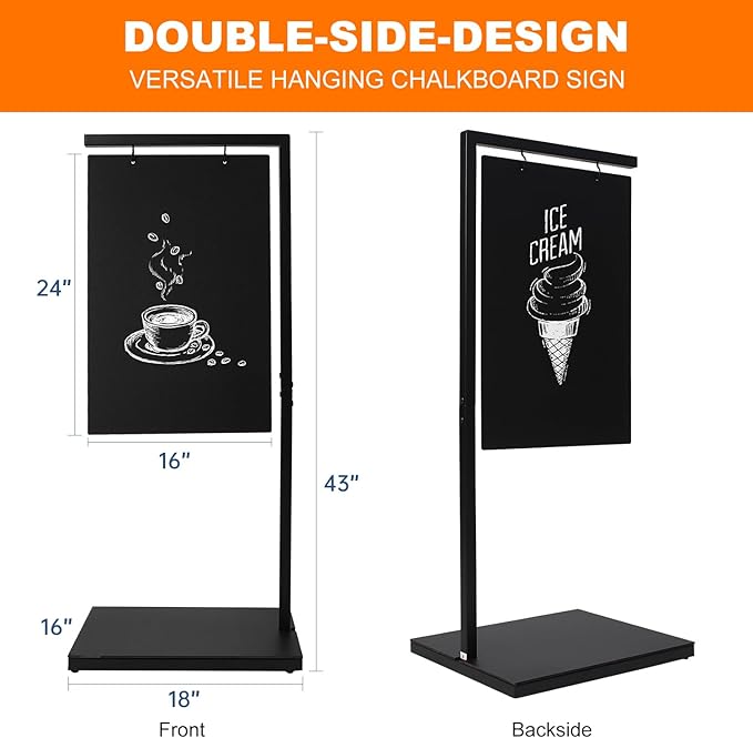 Pubell Chalkboard Signs with Stand, 43" x 18" Black Metal Easel, Double-Sided Hanging Outdoor Chalkboard Sign for Cafe Bar, Bistro, Florist, or Wedding