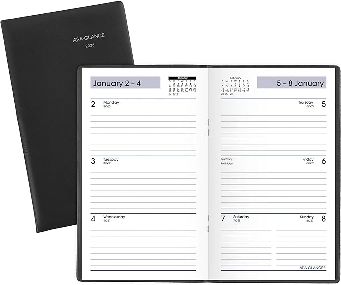 AT-A-GLANCE 2023 Weekly Pocket Calendar, Planner, DayMinder, 3-1/2" x 6", Pocket Size, Open Scheduling, Black (SK4800)