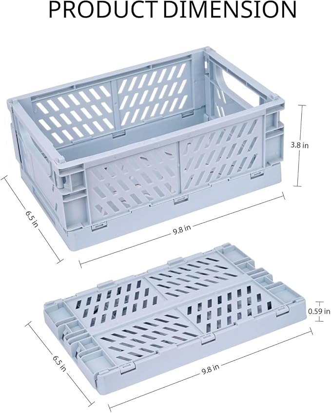 2 Pack Plastic Storage Collapsible Crate Organizer Basket Bin for Organizing Desk Drawer Shelf for Home Kitchen Bedroom Bathroom and Dorm Storage,9.8x6.5x3.8in, Blue